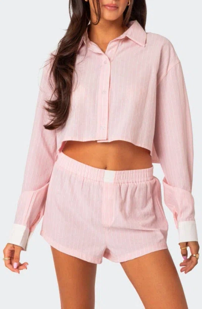 Edikted Lea Pinstripe Cropped Button-up Shirt In Light Pink
