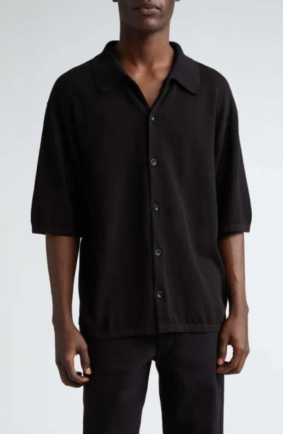 Lemaire Short Sleeve Cotton Knit Button-up Shirt In Nero