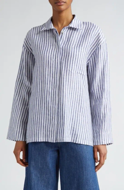 Max Mara Renania Stripe Linen Button-up Shirt In Bianco Blue