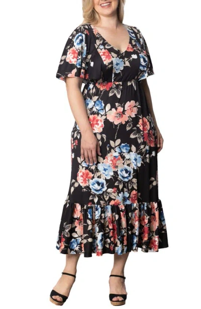 Kiyonna Madrid Floral Flutter Sleeve Maxi Dress In Midnight Meadow