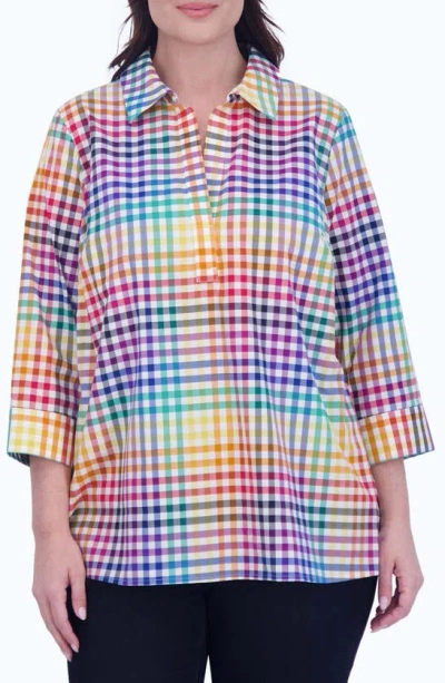 Foxcroft Sophia Rainbow Gingham Three-quarter Sleeve Cotton Popover Shirt In Multi Plaid