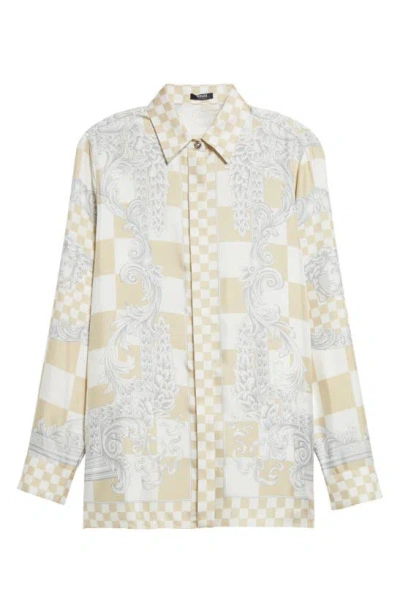 Versace Barocco-print Checked Shirt In Beige+print