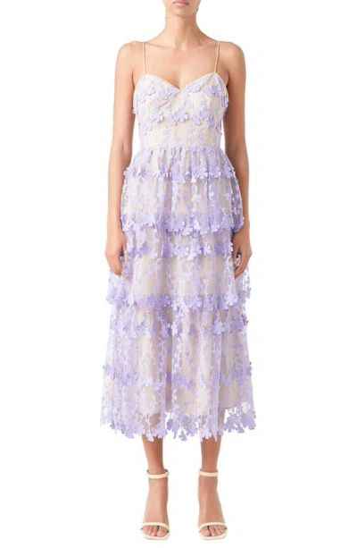 Endless Rose Floral Embroidered Tiered Lace Midi Dress In Purple