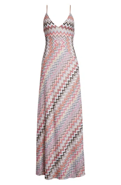 Missoni Striped Metallic Crochet-knit Maxi Dress In Pink And White Tones Multi