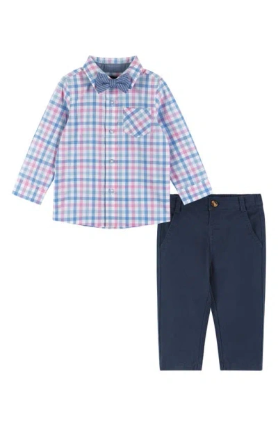 Andy & Evan Babies' Plaid Button-up Shirt, Trousers & Bow Tie Set In White Blue Plaid