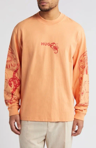 Hugo Dequaliom Graphic Long Sleeve T-shirt In Medium Orange