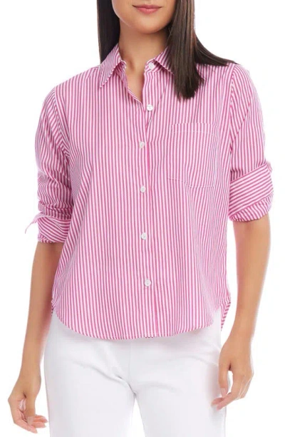 Karen Kane Stripe Ruched Sleeve Cotton Button-up Shirt In Multi