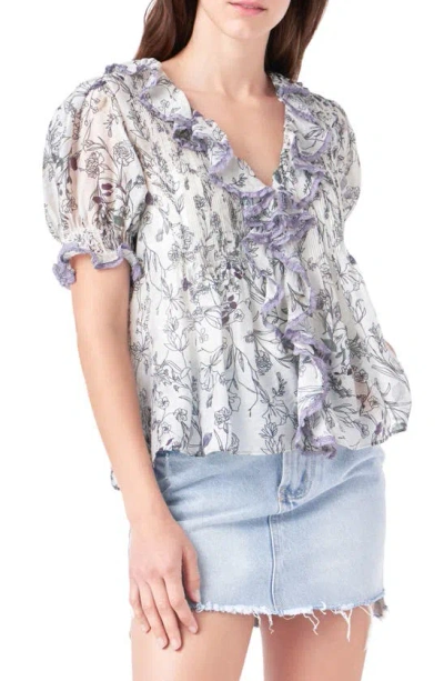 English Factory Floral Print Ruffle Top In Ivory Multi