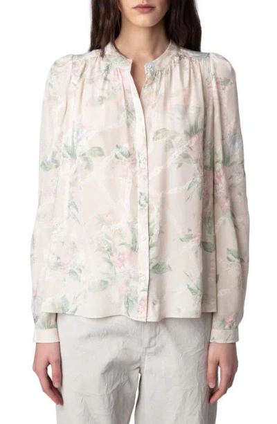 Zadig & Voltaire Tchin Floral Silk Satin Button-up Shirt In Mastic