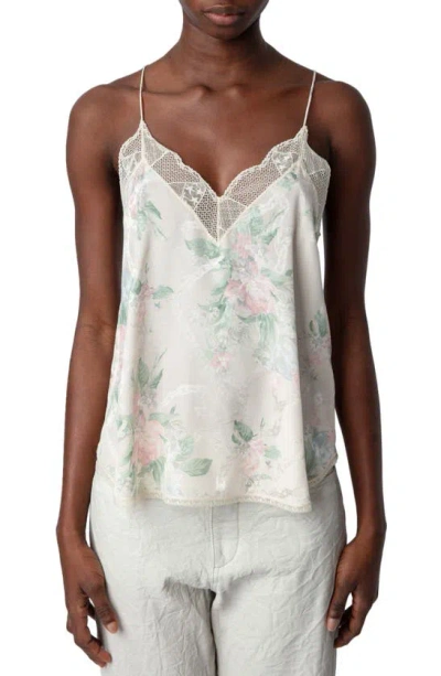 Zadig & Voltaire Christy Jac Chains Faded Lace Trim Silk Camisole In Mastic