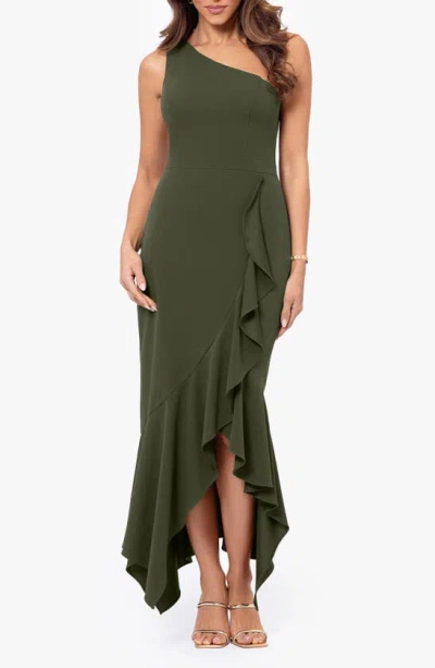 Xscape One-shoulder Asymmetric Hem Gown In Olive