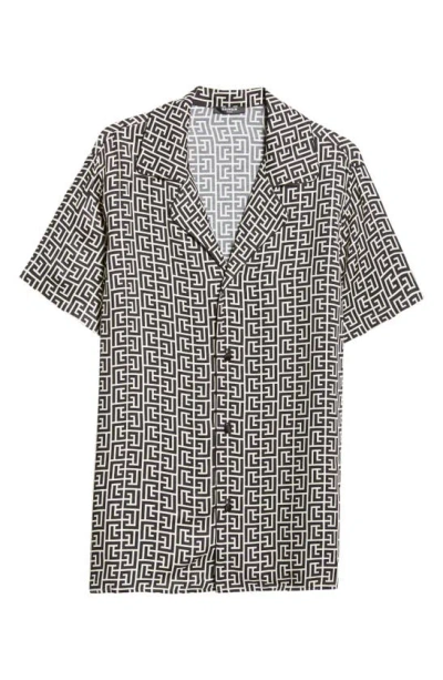 Balmain Monogram Print Short Sleeve Button-up Camp Shirt In Ivory/ Black