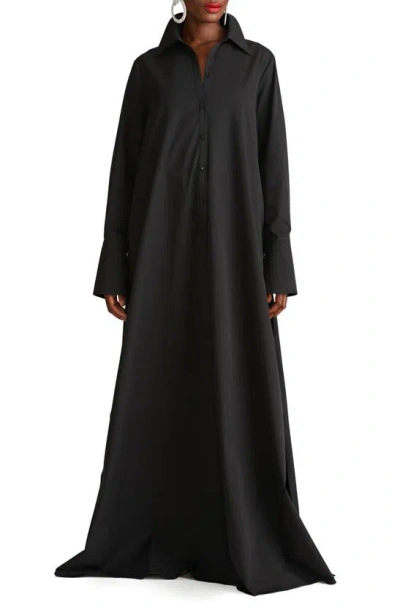 Halston Imari Trapeze Cotton Poplin Shirt Gown In Black