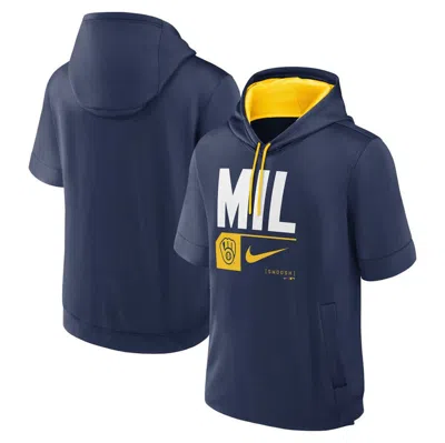 Nike Navy Milwaukee Brewers Tri Code Lockup Short Sleeve Pullover Hoodie In Blue