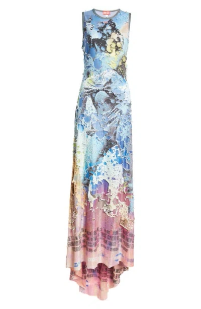 Diesel D-leele Poster Print Sleeveless Destroyed Jersey Gown In Multicolor