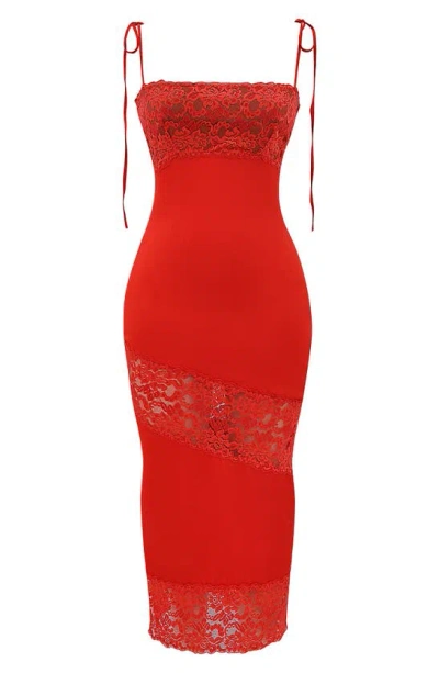 Mistress Rocks Lace Panel Midi Cocktail Dress In Rose Red