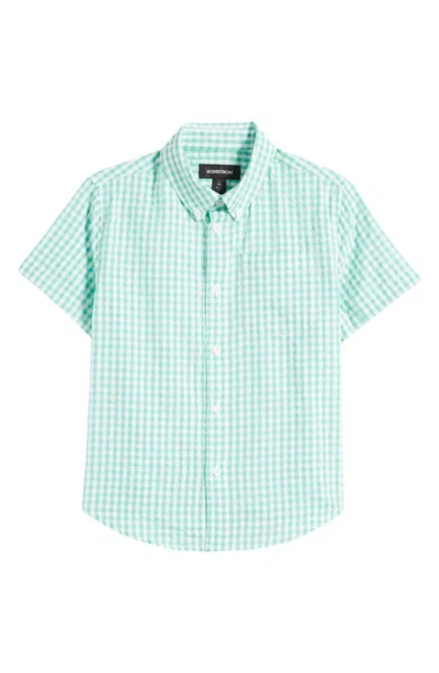 Nordstrom Kids' Short Sleeve Cotton Gingham Button-down Shirt In Teal Stone Gingham