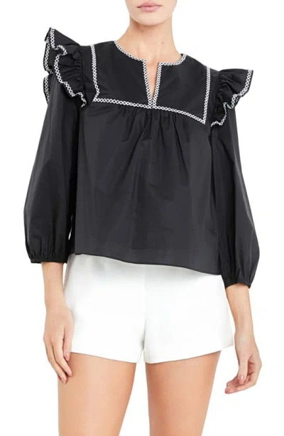 English Factory Embroidered Ruffle Balloon Sleeve Cotton Top In Black/ White