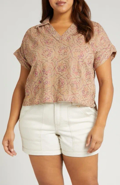 Wit & Wisdom Embroidered Floral Short Sleeve Woven Top In Mocha Multi