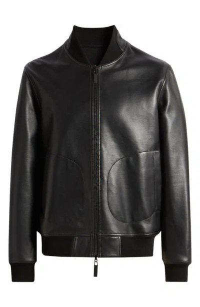 Emporio Armani Men's Leather Full-zip Bomber Jacket In Solid Black
