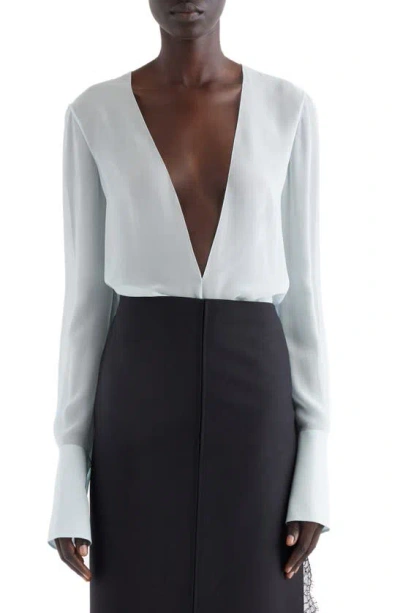 Givenchy Sheer Plunge Neck Long Sleeve Silk Top In Frost