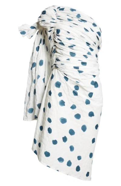 Tao Comme Des Garçons Polka Dot Shirred Asymmetric One-shoulder Cotton Dress In White/ Indigo