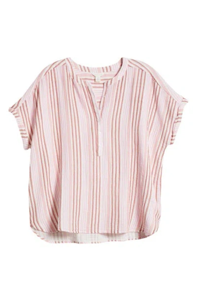 Caslon Stripe Cotton Gauze Henley In Ivory Cloud- Pink Vera Stripe