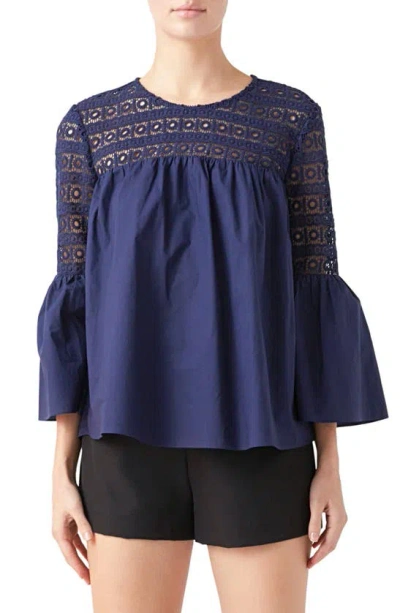 Endless Rose Bell Sleeve Lace Poplin Blouse In Navy