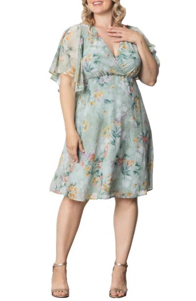 Kiyonna Florence Flutter Sleeve Dress In Sage Floral Print
