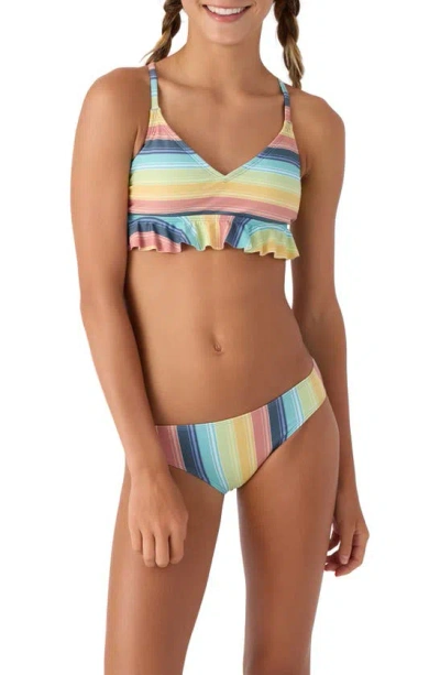O'neill Kids' Beach Bound Stripe Two-piece Swimsuit In Yellow Multi Coloured