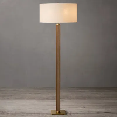 Nova Of California Tambo Floor Lamp - Dark Walnut Wood Finish, Weathered Brass, White Linen Shade, Dimmer In Gold