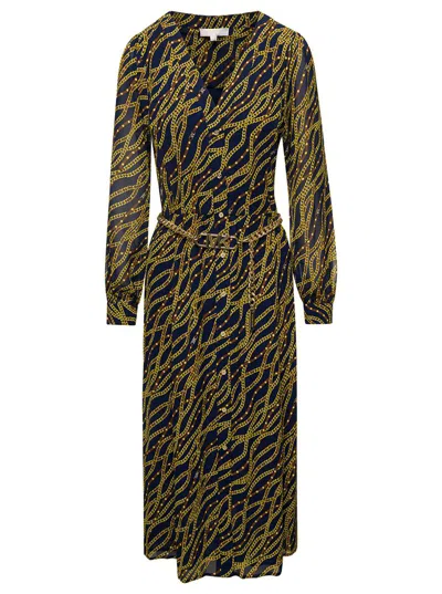 Michael Kors Black And Gold-tone Midi Shirt Dess With Chain Print All-over In Polyester Woman In Multicolor