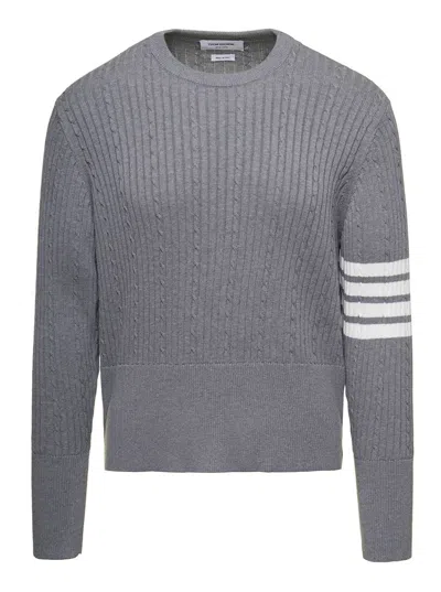 Thom Browne Cable-knit Jumper With Signature 4 Bar Detailing In Grey Cotton Man