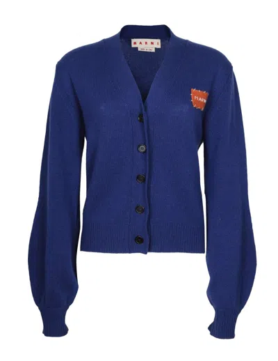 Marni Logo-patch Cashmere Cardigan In Blue