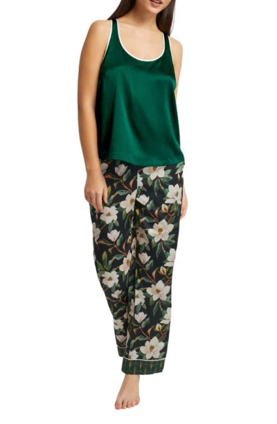 Inej Magnolia Racerback Stretch Silk Pajamas In Magnolia Print/ Emerald Green