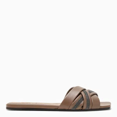 Brunello Cucinelli Leather Monili Flat Slide Sandals In Beige