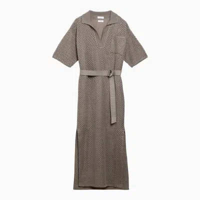 Brunello Cucinelli Net Openwork Knit Dress In Linen Blend In Brown