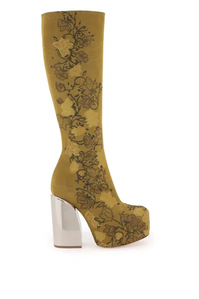 Dries Van Noten Embroidered Jacquard High Boots In Gold