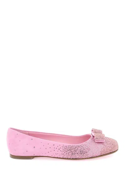 Ferragamo Salvatore  Embellished Vara Bow Flat Shoes In Pink
