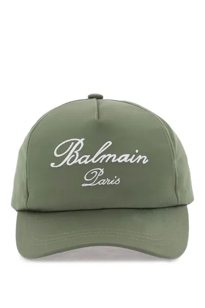 Balmain "baseball Cap In Satin With Embroidered Logo In Green