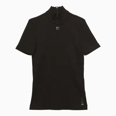 Fendi Ribbed Nylon T-shirt With Logo In Black