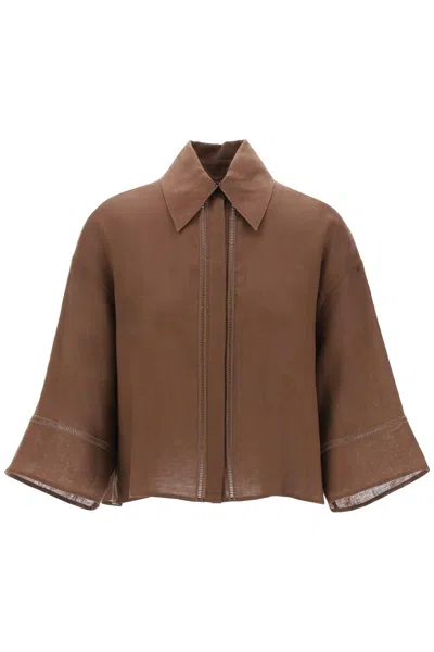 Max Mara Robinia Linen Wide Sleeve Shirt In Brown
