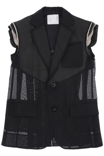 Sacai Striped Organza Vest For In Black