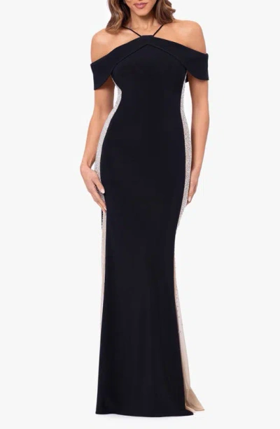 Xscape Faraj Side Beaded Cold Shoulder Gown In Black Nude Silver