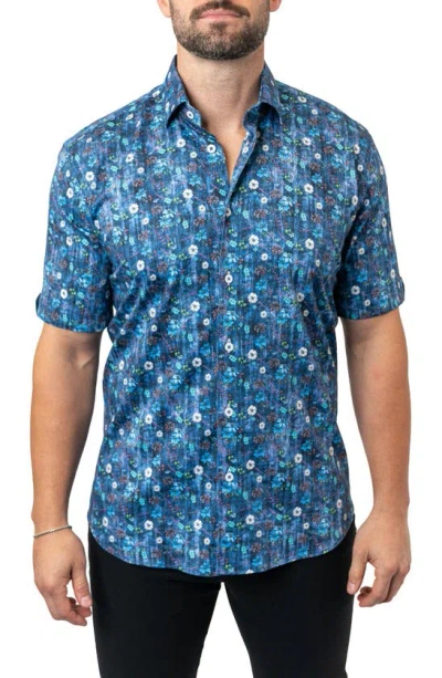 Maceoo Galileo Floral 59 Blue Contemporary Fit Short Sleeve Button-up Shirt