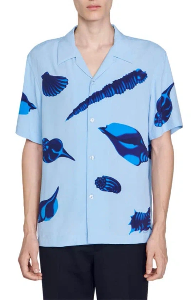 Sandro Shells Print Short Sleeve Button-up Shirt In Blue