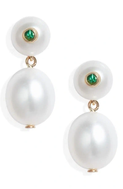 Poppy Finch Freshwater Pearl & Emerald Drop Earrings In Emerald/ 14k Yellow Gold