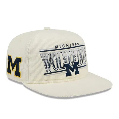 New Era White Michigan Wolverines Throwback Golfer Corduroy Snapback Hat In Cream