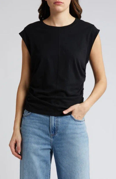 Treasure & Bond Ruched Cap Sleeve Cotton Top In Black