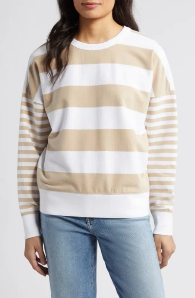 Caslon Variegated Stripe Stretch Cotton Sweatshirt In Tan Safari- White Combo Stripe